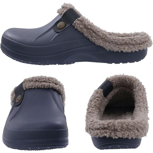 Women GREY Clogs Waterproof Winter Fuzzy Slippers Classic Fur Lined - Picture 2 of 5